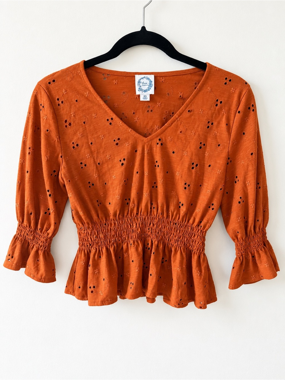 Anthropologie Blue Rain Rust Eyelet Embroidered Smocked Peplum Boho Top XS